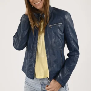 Blouson cuir agneau Jolya bleu