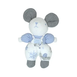 Peluche souris en velours et tissu - Blanc/bleu